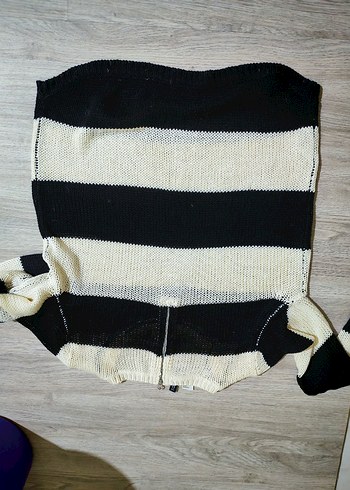 h&m Kadın Siyah-Beyaz Çizgili Kısa Örgü Kazak - Görsel 6