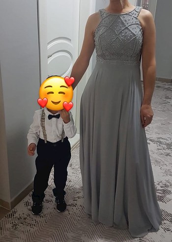 Boncuk İşlemeli Gri Uzun Abiye Elbise - Görsel 4