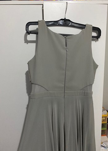 Boncuk İşlemeli Gri Uzun Abiye Elbise - Görsel 3