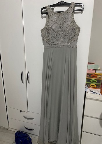 Boncuk İşlemeli Gri Uzun Abiye Elbise - Görsel 2