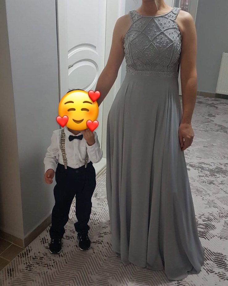 Boncuk İşlemeli Gri Uzun Abiye Elbise - Görsel 4