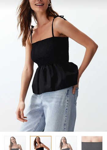 s Beden Siyah Denim İnce Askılı Bluz