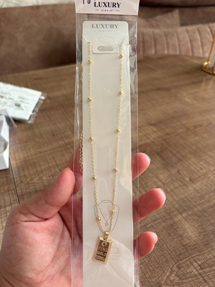 Uzun Zincir Detaylı Altın Renkli Çelik Kadın Kolye - Görsel 2