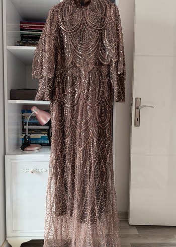 Uzun Kollu Kahverengi taşlı Kadın tesettür Abiye Elbise - Görsel 2