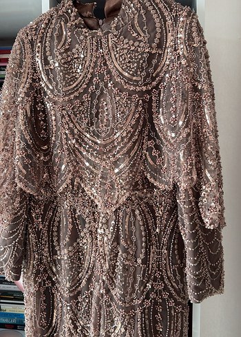 Uzun Kollu Kahverengi taşlı Kadın tesettür Abiye Elbise - Görsel 4
