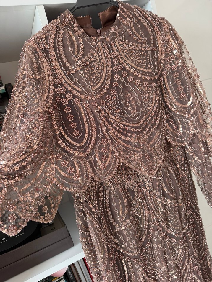 Uzun Kollu Kahverengi taşlı Kadın tesettür Abiye Elbise - Görsel 3