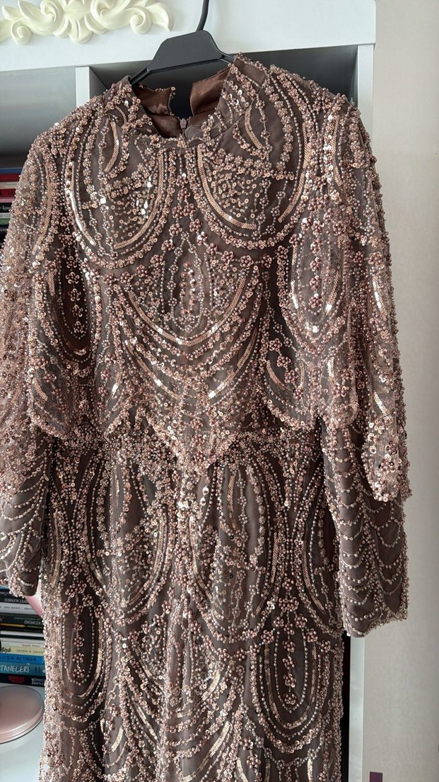 Uzun Kollu Kahverengi taşlı Kadın tesettür Abiye Elbise - Görsel 4