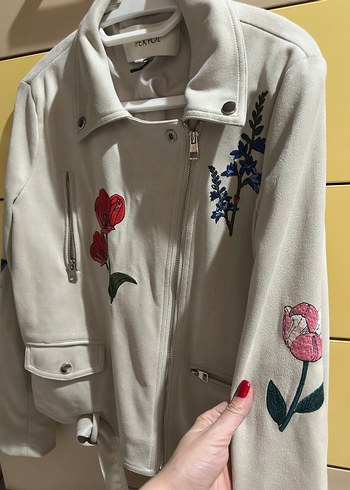 İpekyol Nakışlı Beyaz Süet Kadın Deri Ceket - Görsel 2