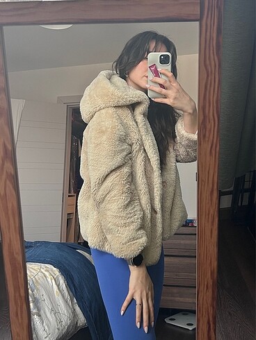 s Beden ten rengi Renk Zara Kapüşonlu Peluş/Kürk Mont/Ceket