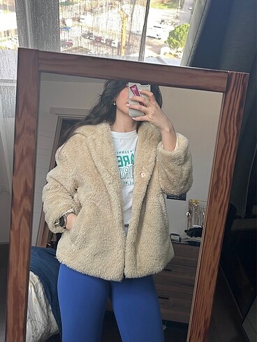 s Beden Zara Kapüşonlu Peluş/Kürk Mont/Ceket