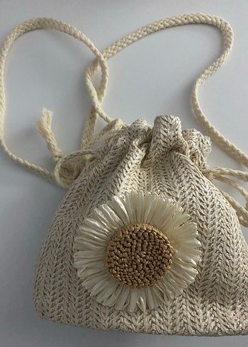 Nakışlı hasır papatya desenli beyaz çanta - Görsel 6