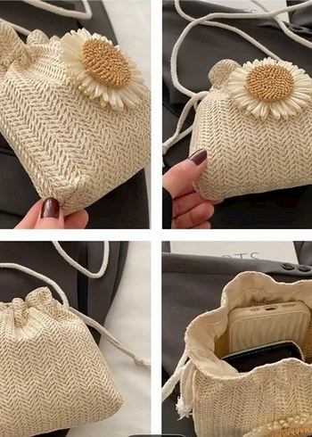 Nakışlı hasır papatya desenli beyaz çanta - Görsel 3