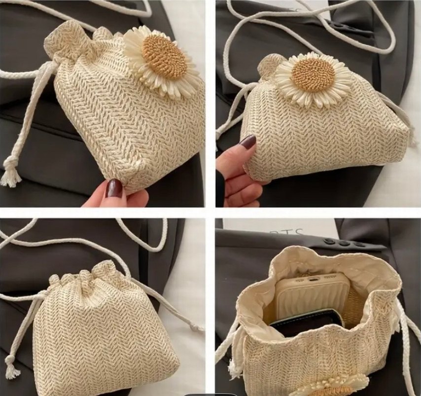 Nakışlı hasır papatya desenli beyaz çanta - Görsel 3