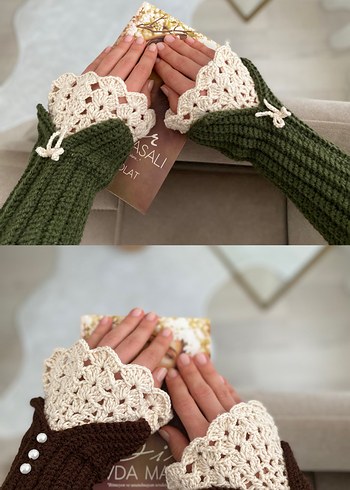 Kahverengi Bohem Örgü Kadın Eldivenleri - Görsel 3