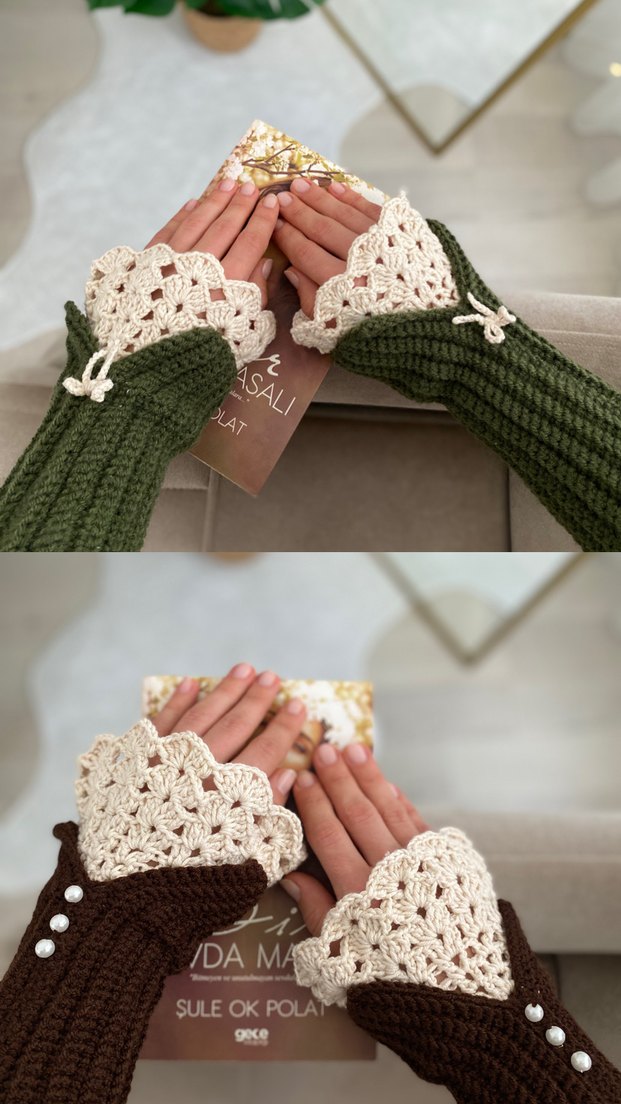 Kahverengi Bohem Örgü Kadın Eldivenleri - Görsel 3