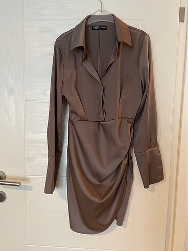 Saten bronz mini elbise