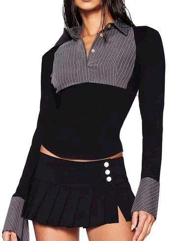 Çizgili Yakalı Gri Kadın gömlek - Görsel 4