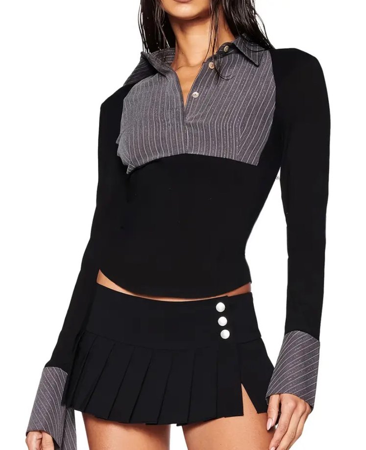 Çizgili Yakalı Gri Kadın gömlek - Görsel 4