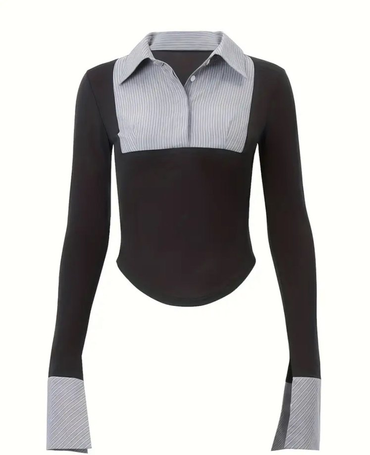 Çizgili Yakalı Gri Kadın gömlek - Görsel 2