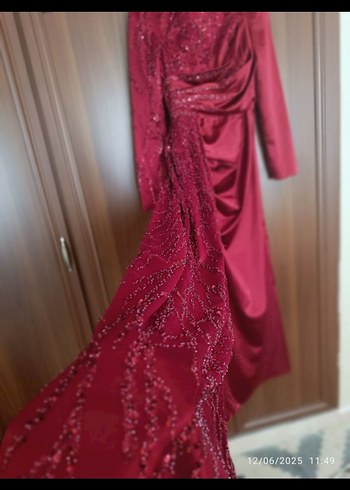 Bordo Drapeli Uzun Abiye Elbise - Görsel 3