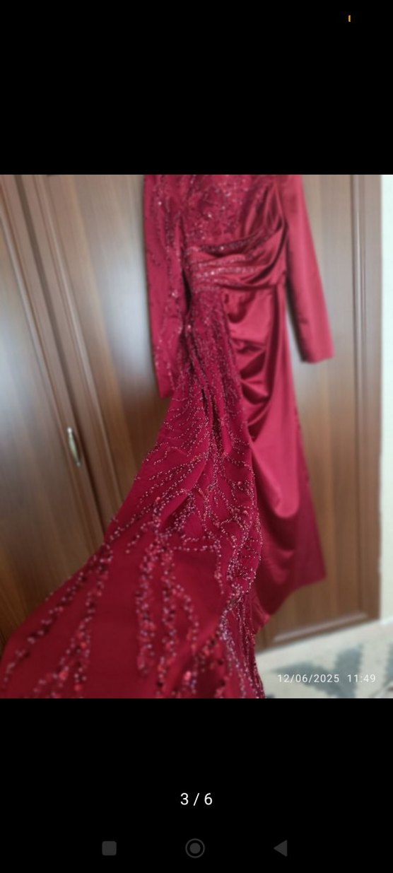 Bordo Drapeli Uzun Abiye Elbise - Görsel 3