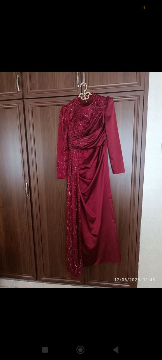 Bordo Drapeli Uzun Abiye Elbise - Görsel 2