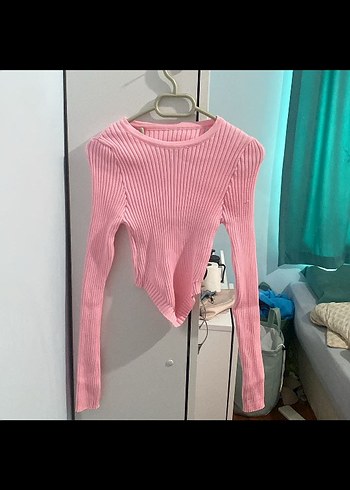 ikili Pembe Fitilli Mini Triko Kadın Kazak