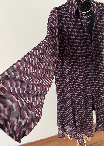 Parlak Mor Fırfırlı V Yaka Mini Elbise - Görsel 4