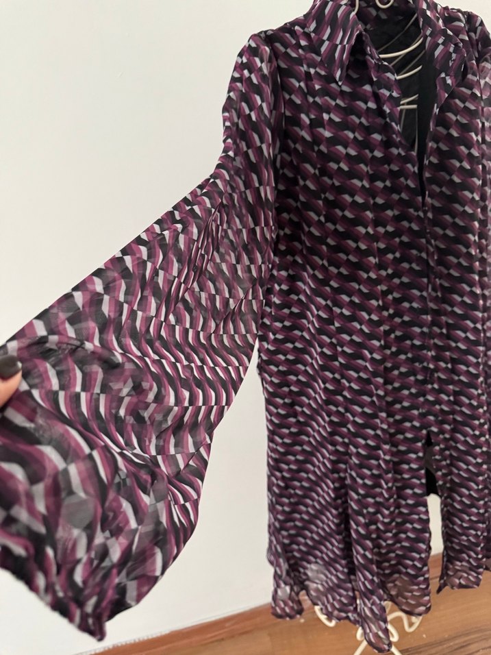 Parlak Mor Fırfırlı V Yaka Mini Elbise - Görsel 4