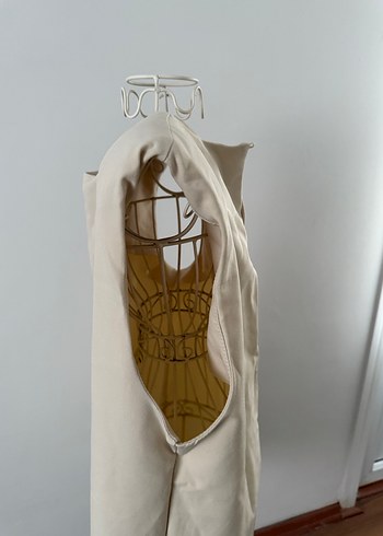 Bej Keten, Kolsuz, Vatkalı elbise - Görsel 3