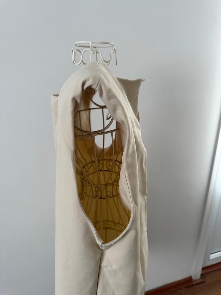 Bej Keten, Kolsuz, Vatkalı elbise - Görsel 3