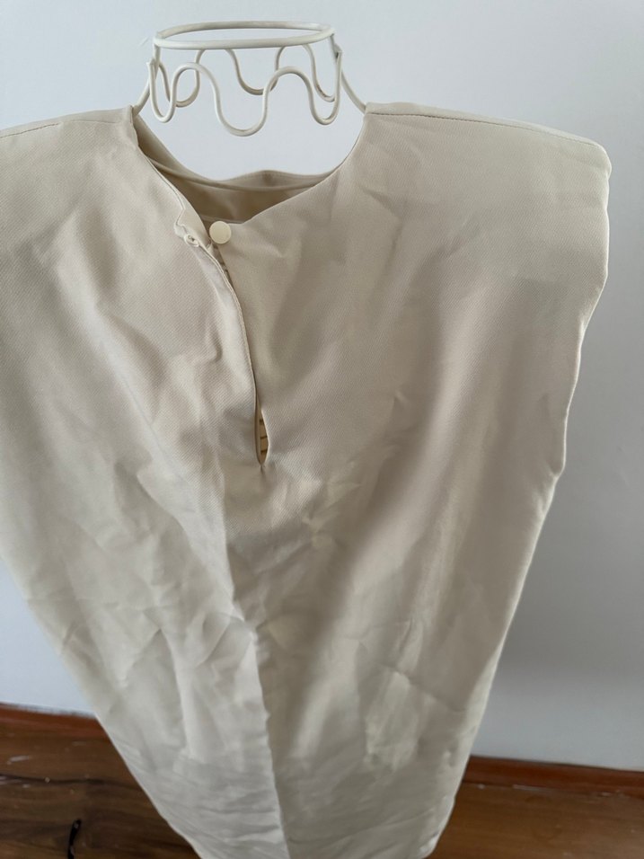 Bej Keten, Kolsuz, Vatkalı elbise - Görsel 2