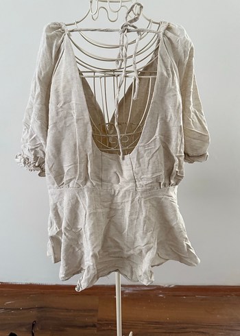 V Yaka Keten Bej Bohem Bluz - Görsel 3