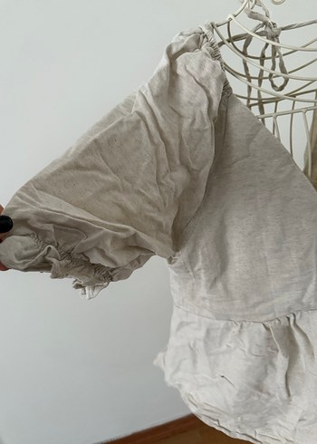 V Yaka Keten Bej Bohem Bluz - Görsel 2