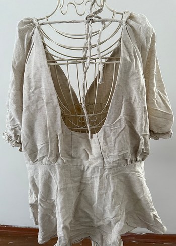 V Yaka Keten Bej Bohem Bluz - Görsel 4