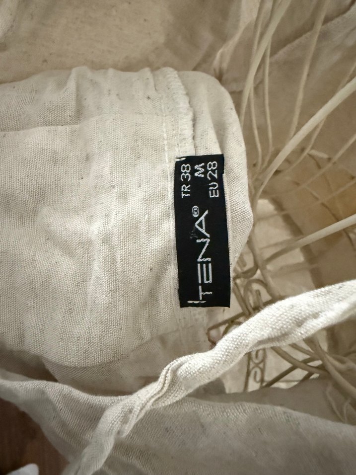 V Yaka Keten Bej Bohem Bluz - Görsel 5