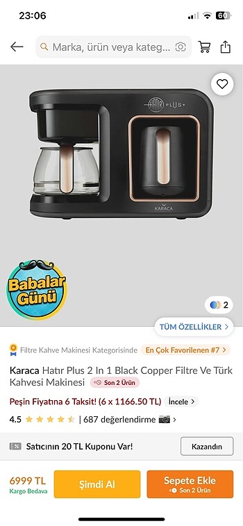 Karaca Karaca hatır plus 2 in 1 kahve makinesi
