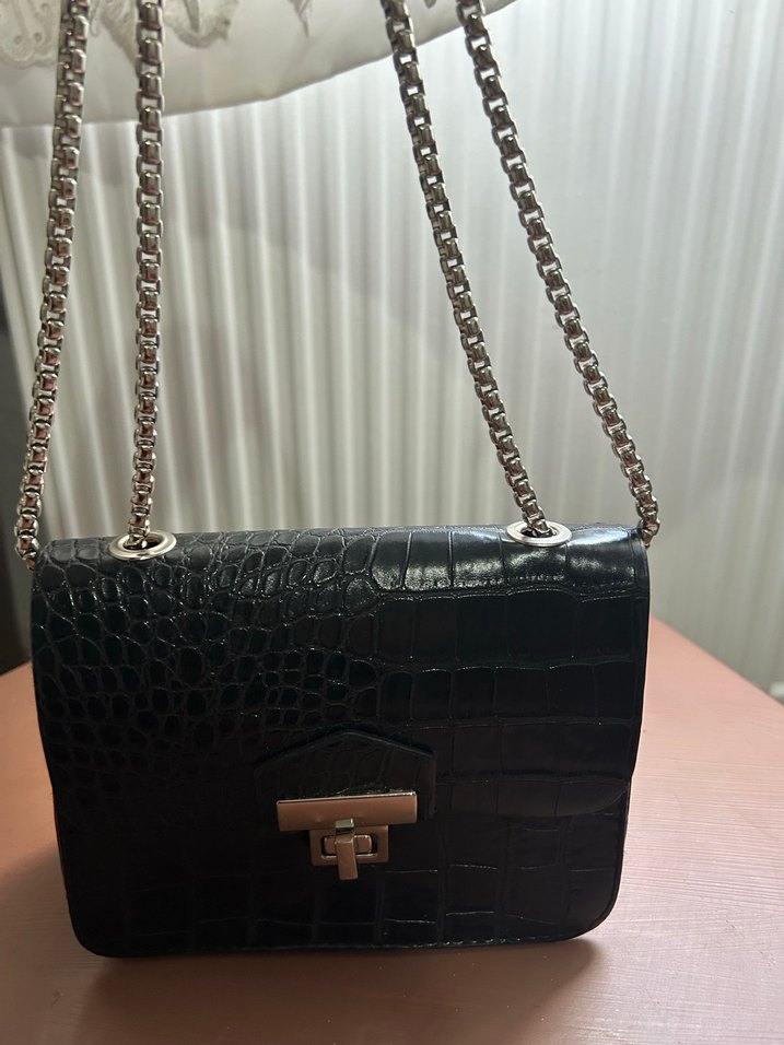 Siyah Deri Yılan Desenli Kadın Çanta - Görsel 5