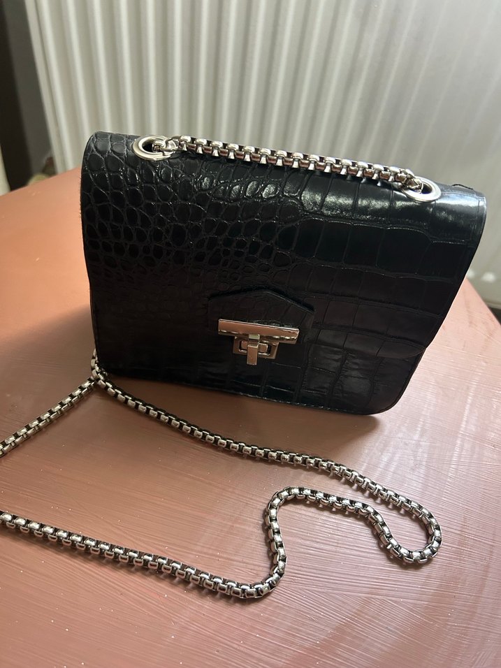 Siyah Deri Yılan Desenli Kadın Çanta - Görsel 2