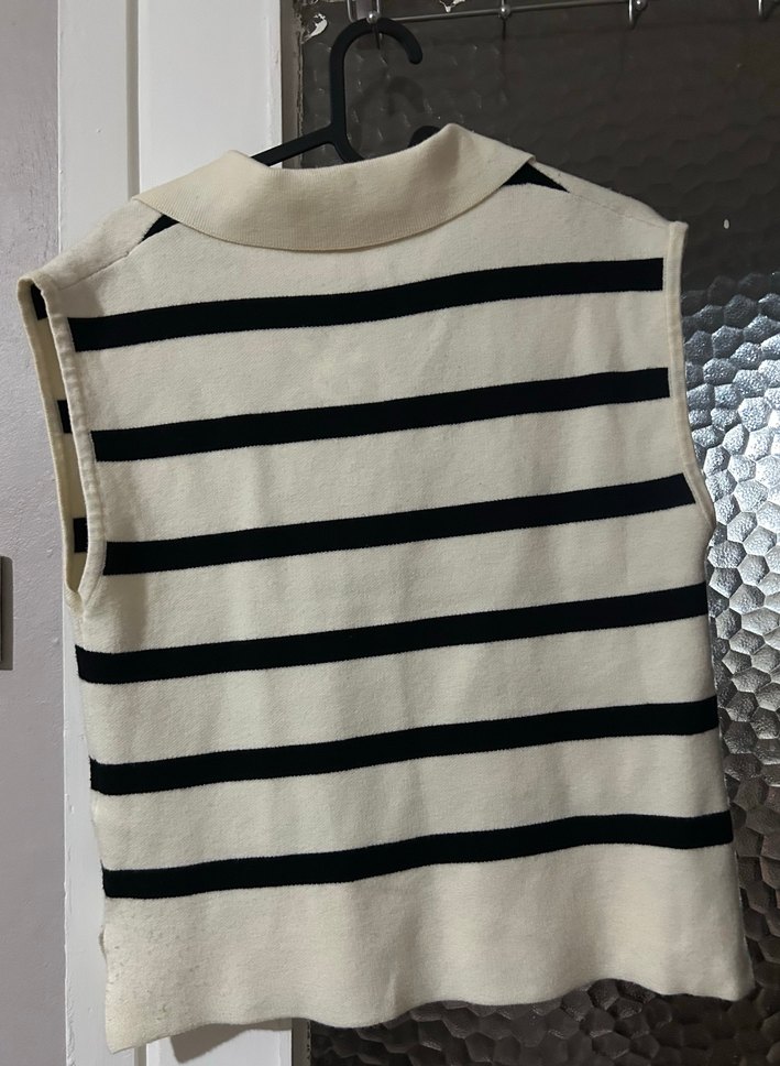 Çizgili Pamuklu Kolsuz Triko Süveter - Görsel 3