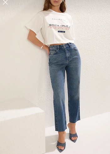 Beyaz Tie-Dye Desenli Midi Denim Pantolon