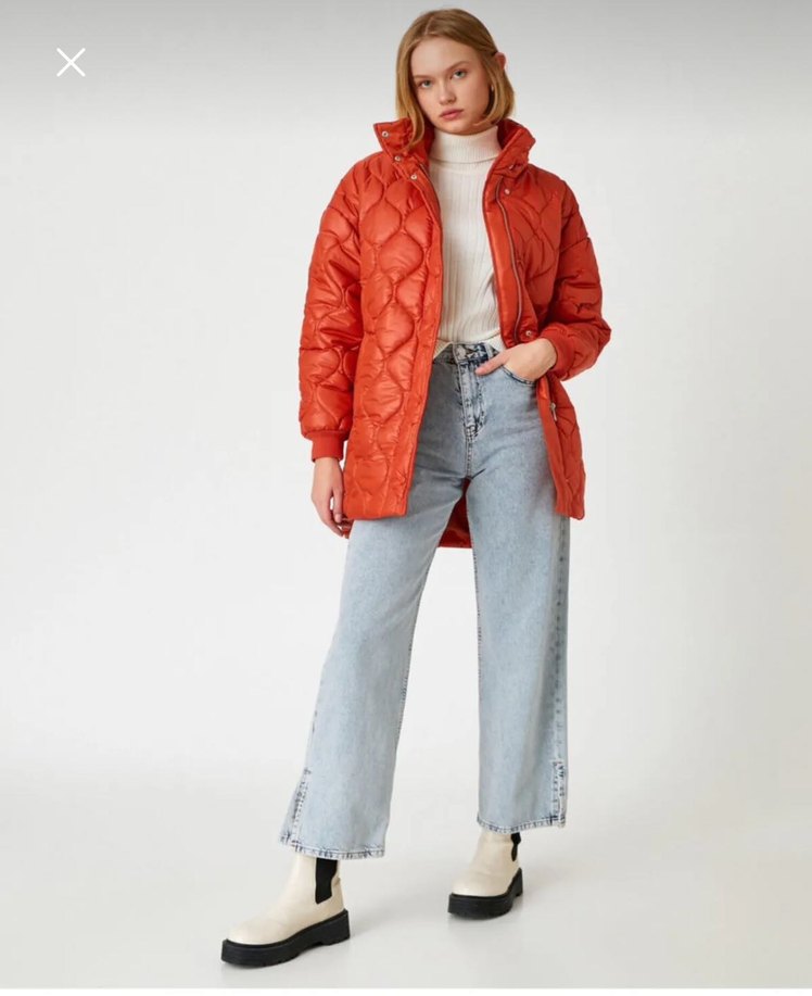 Düğmeli Turuncu Midi Kadın Mont - Görsel 3