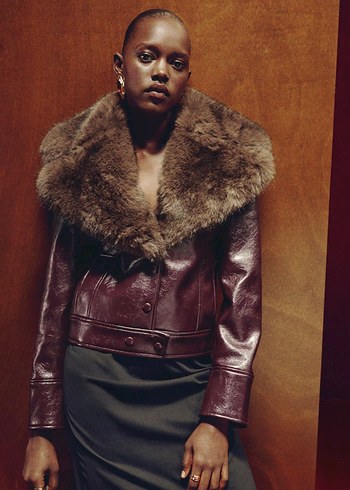 Bordo Deri Kürklü Midi Ceket - Görsel 2