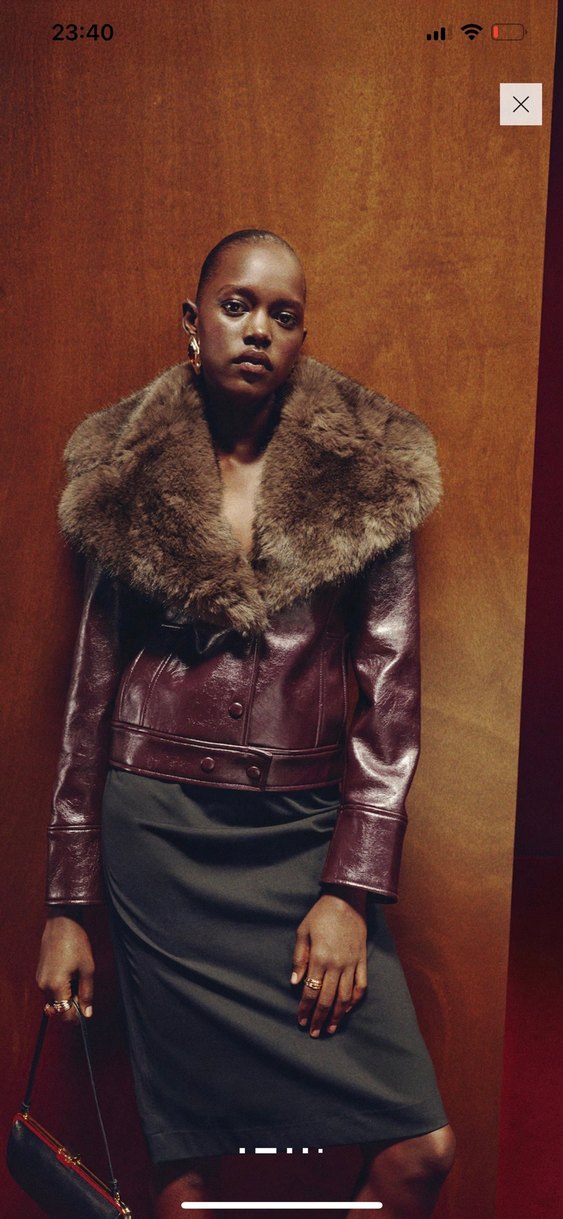 Bordo Deri Kürklü Midi Ceket - Görsel 2