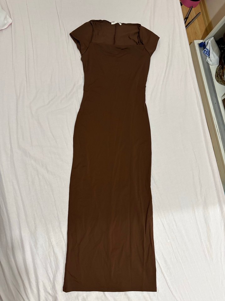 Kahverengi Saten Midi Elbise - Görsel 4