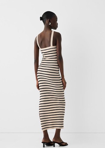 Beyaz Çizgili Uzun Askılı Elbise - Görsel 2