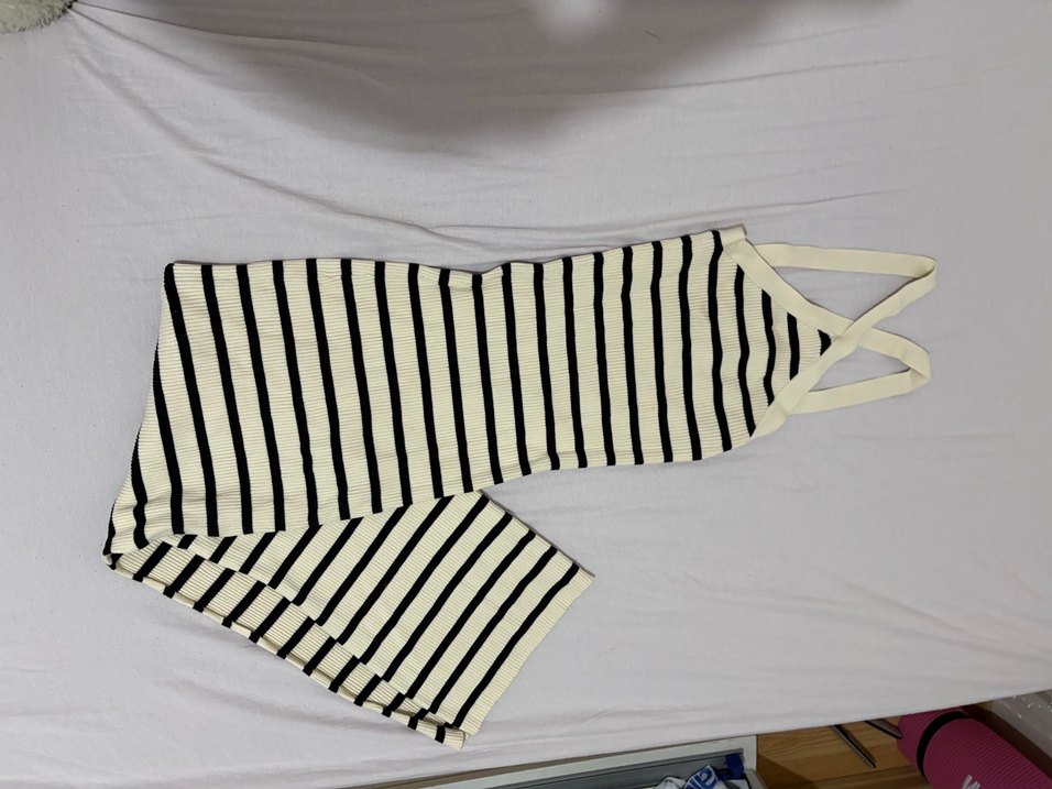 Beyaz Çizgili Uzun Askılı Elbise - Görsel 4