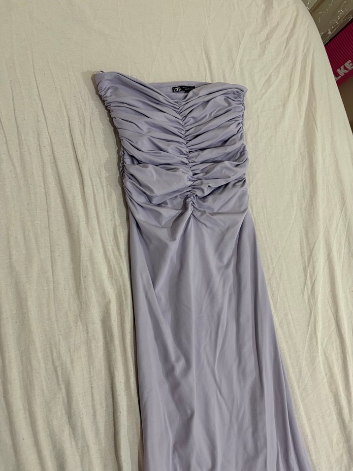 Drapeli Straplez Uzun Mor Elbise - Görsel 2