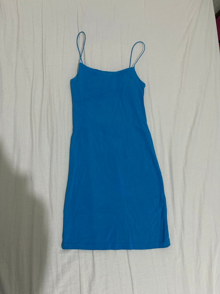 Mavi İnce Askılı Midi Elbise - Görsel 2