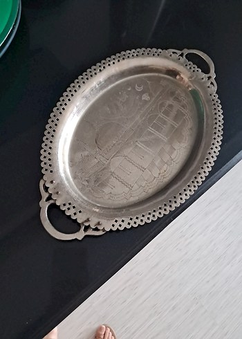 Vintage Pirinç üzeri Gümüş Kaplama Tepsi